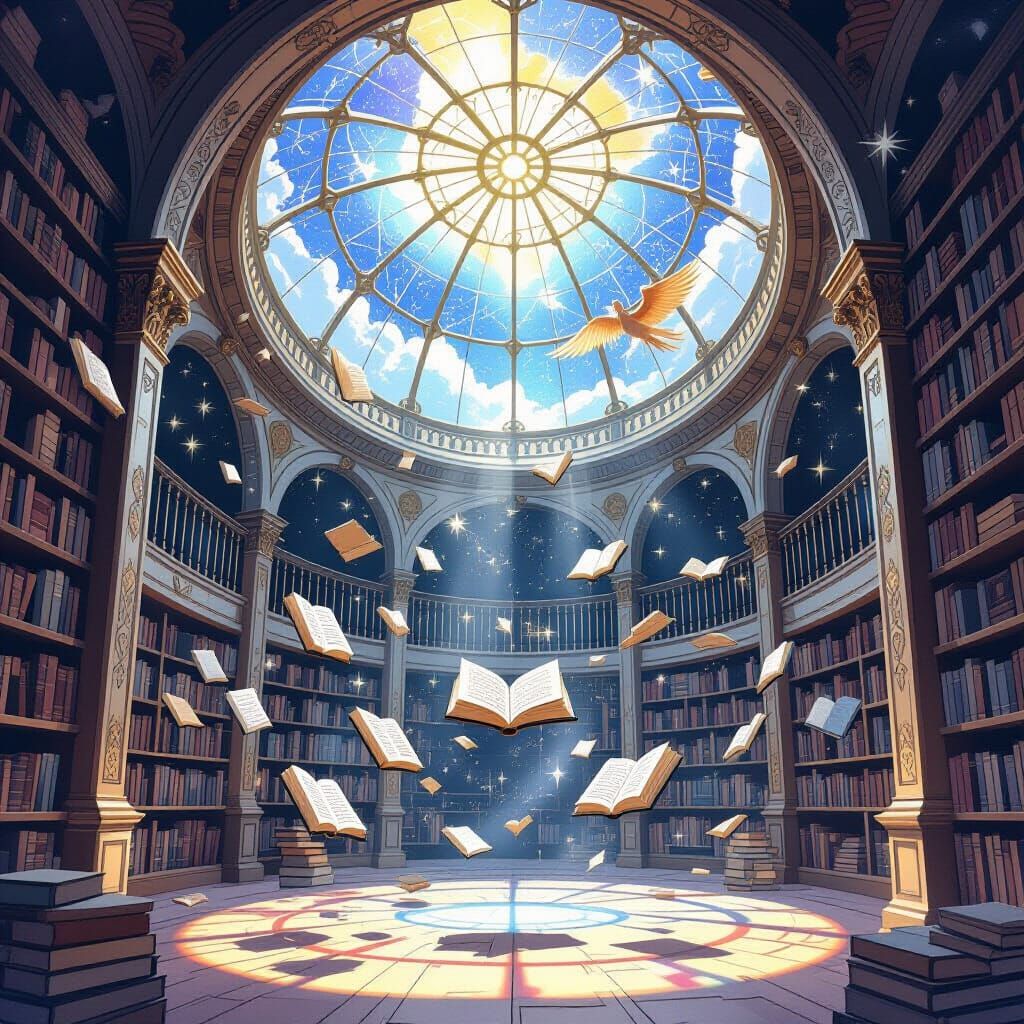Fantastical Library with Floating Books and Constellations