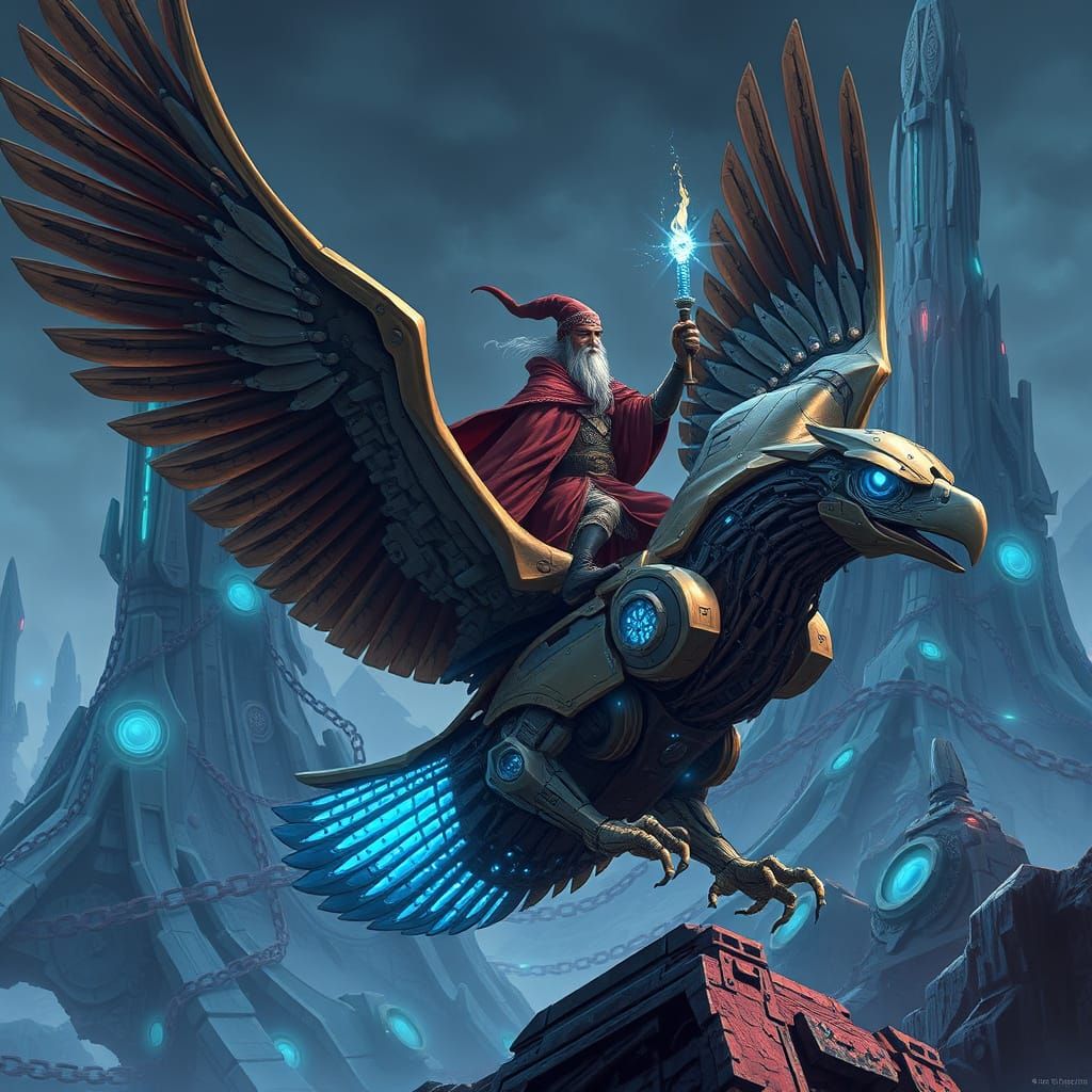 Wizard Rides Robot Eagle in Sci-Fi Landscape