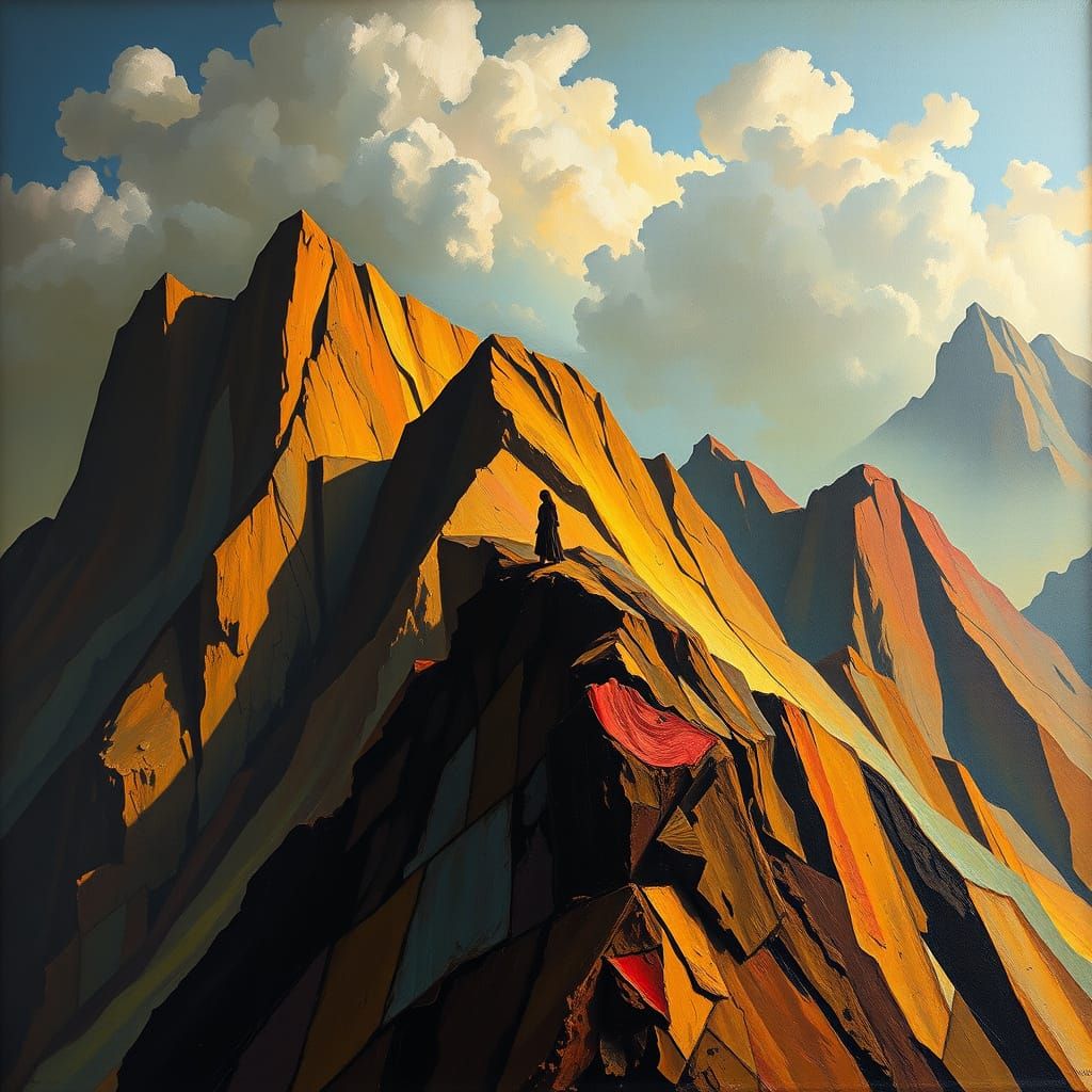 Woman on Abstract Mountain: Bosch & Mondrian Style Oil Paint...