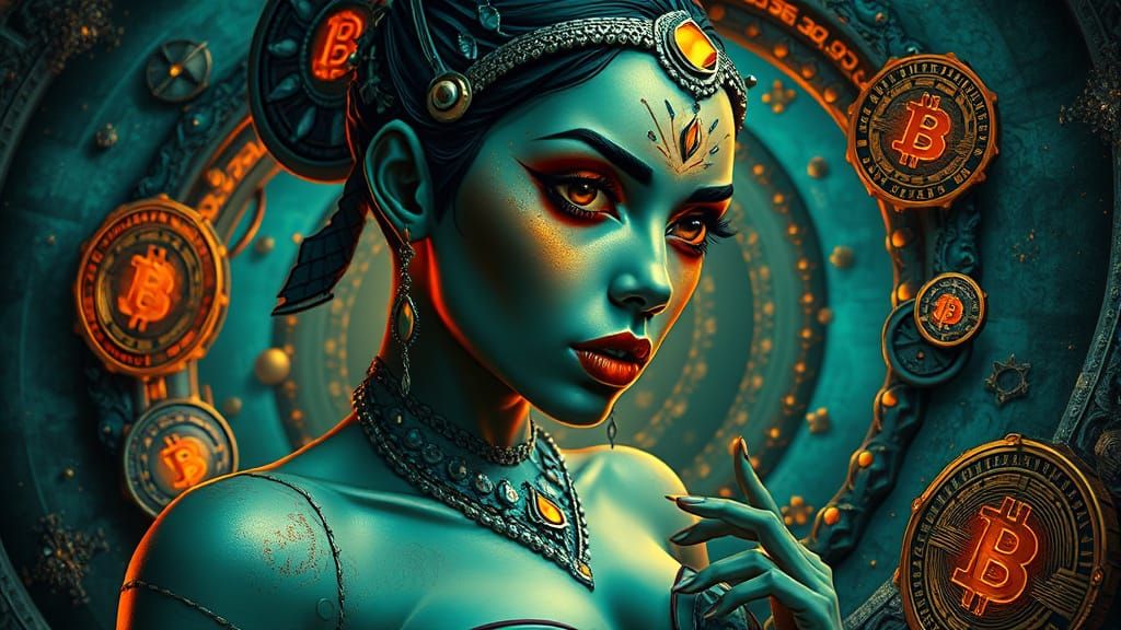 Cyberpunk Goddess of Bitcoin in Grotesquecore Style