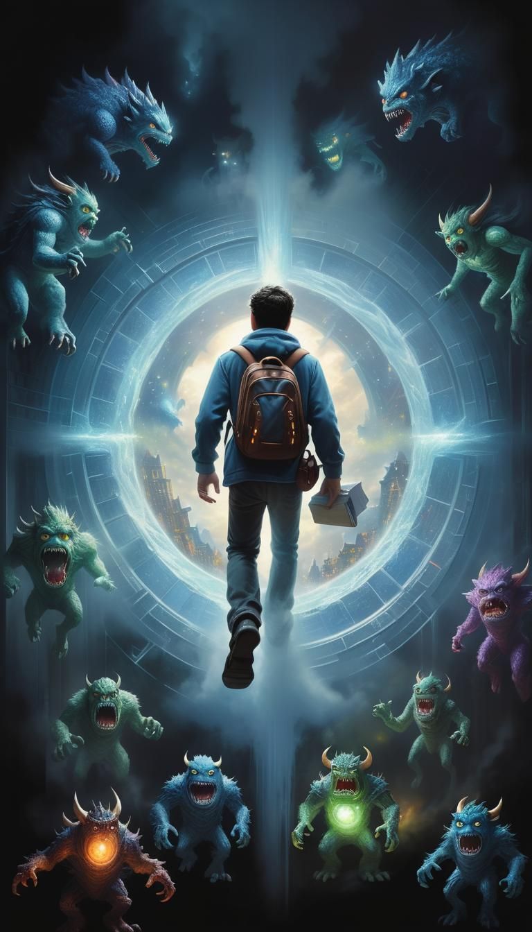 Monsters Emerge from Skyscraper Portal in Ethereal Fantasy