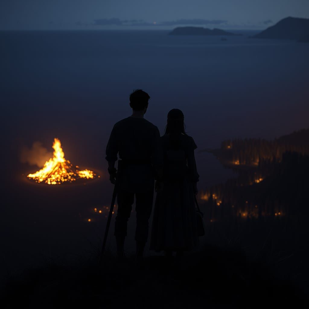Medieval Couple Watches Dark Fantasy Forest Fire at Night