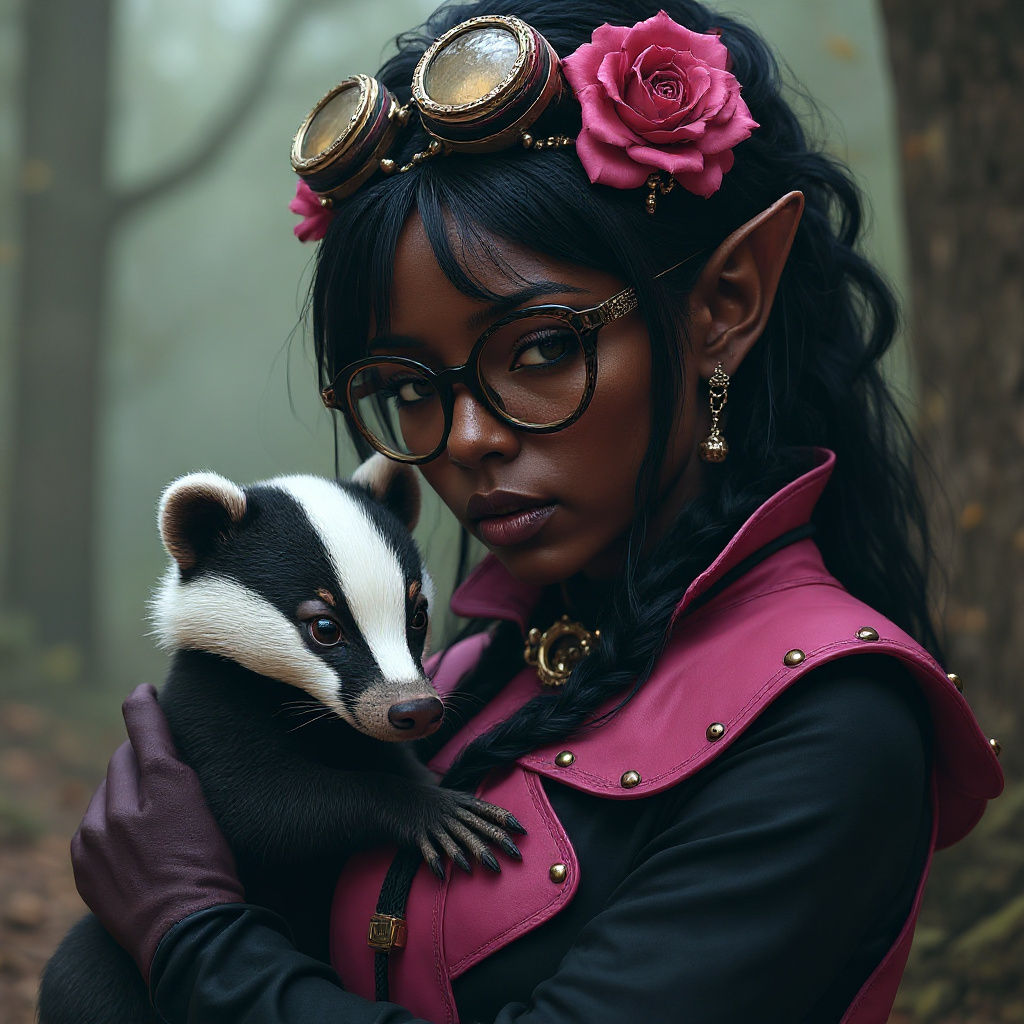Tiefling with Badger in Steampunk Goth Style