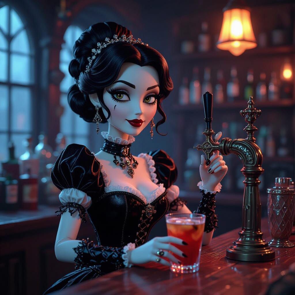 Gothic Bartender in Stop-Motion Style with Vibrant HDR Color...