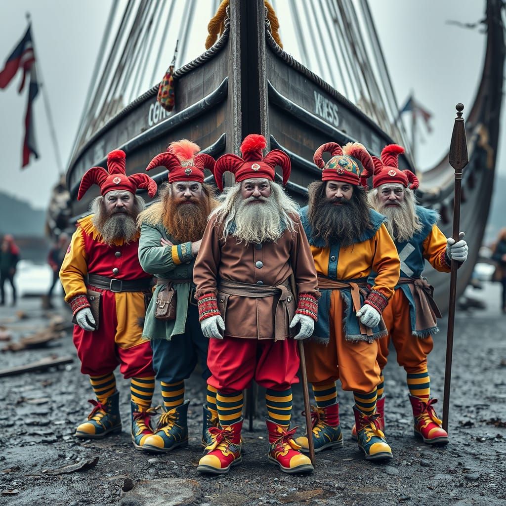 Viking Clowns on Nordic Drakkar, High-Quality Photography