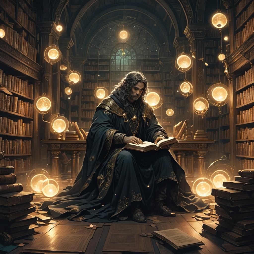 Mystical Library Figure in Dark Fantasy Style