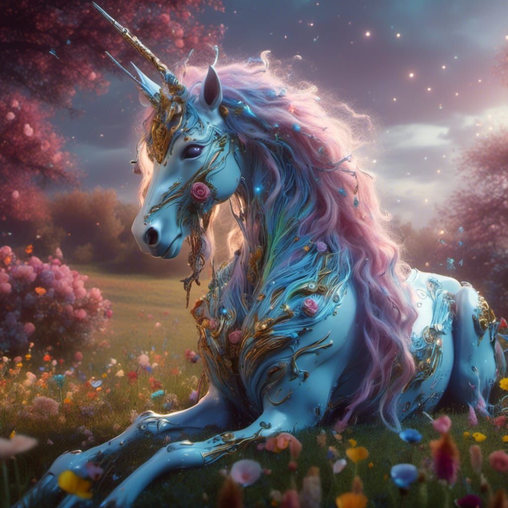 Cyborg Unicorn with Rainbow Mane in Pastel Colors