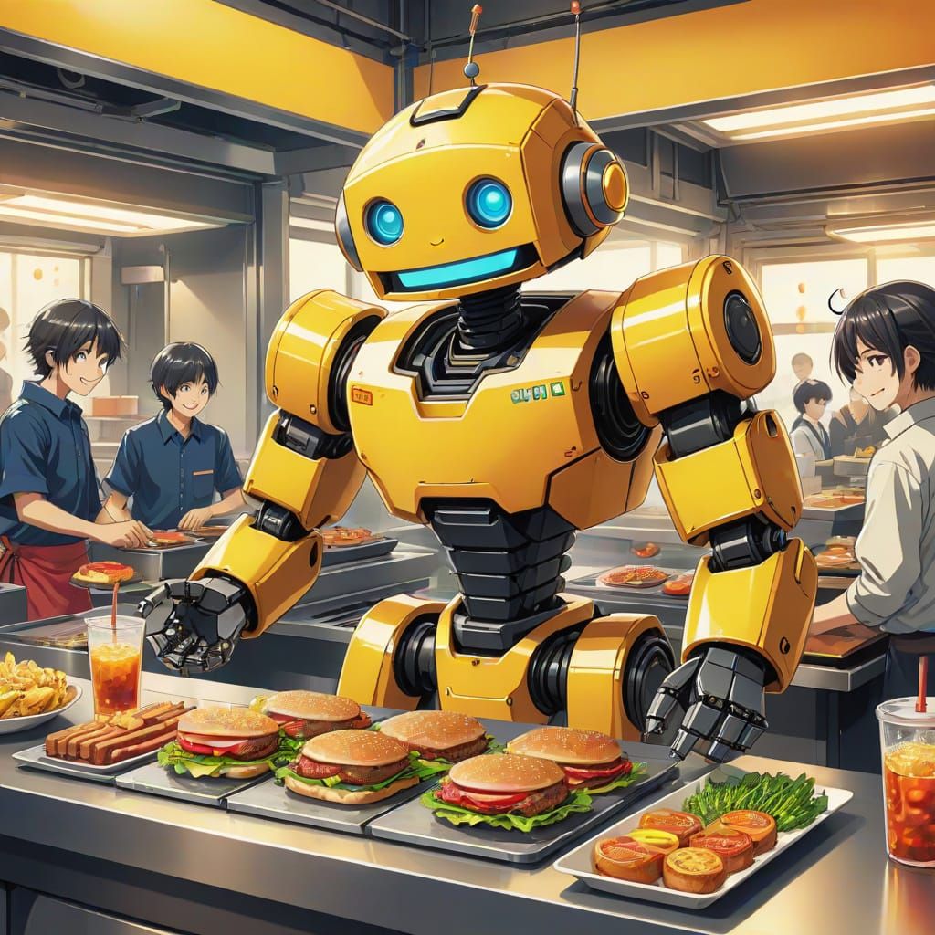 Friendly Robot Makes Burgers in Vibrant Anime Style