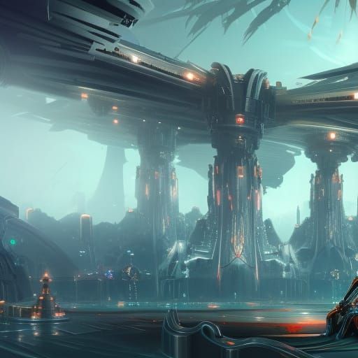 Cyborg Queen in a Fantastical Tech Palace