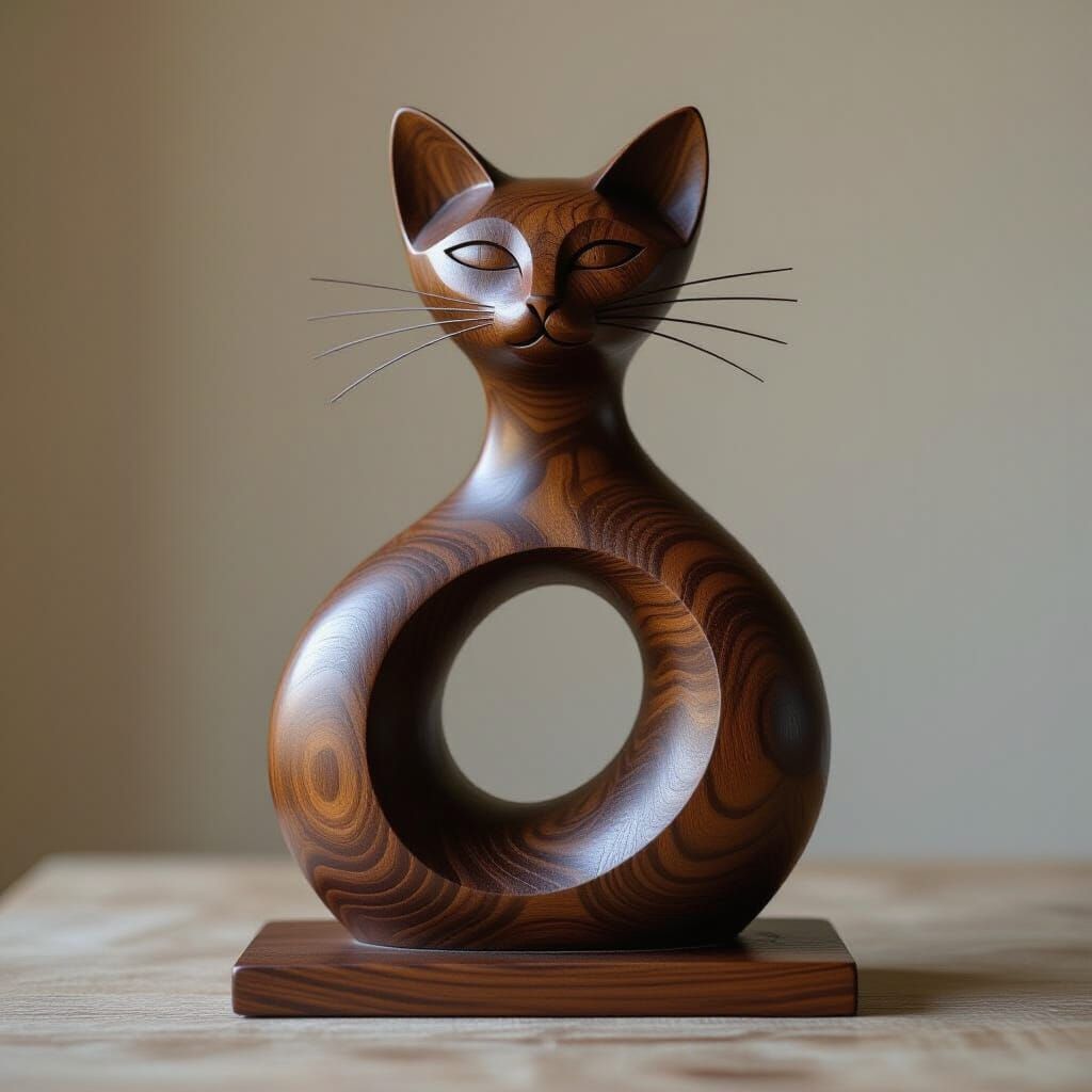 abstract stretching yoga  cat sculpture in dark wood