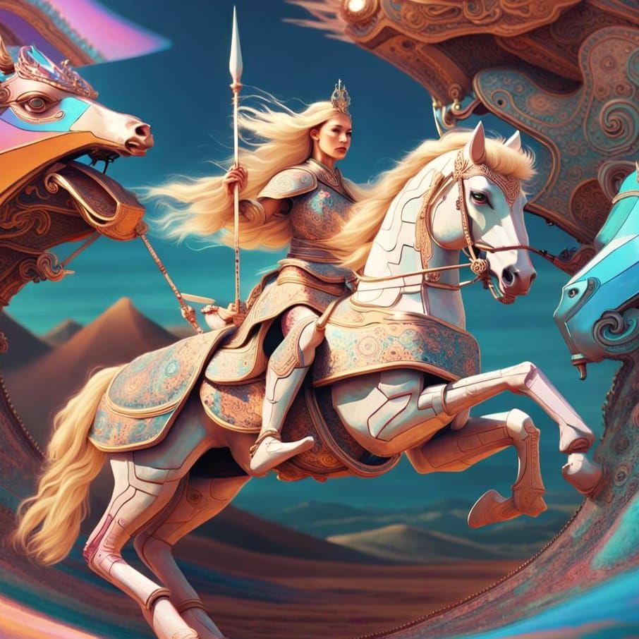 Vaporwave Mongolian Warrior Princess on Robotic Steed