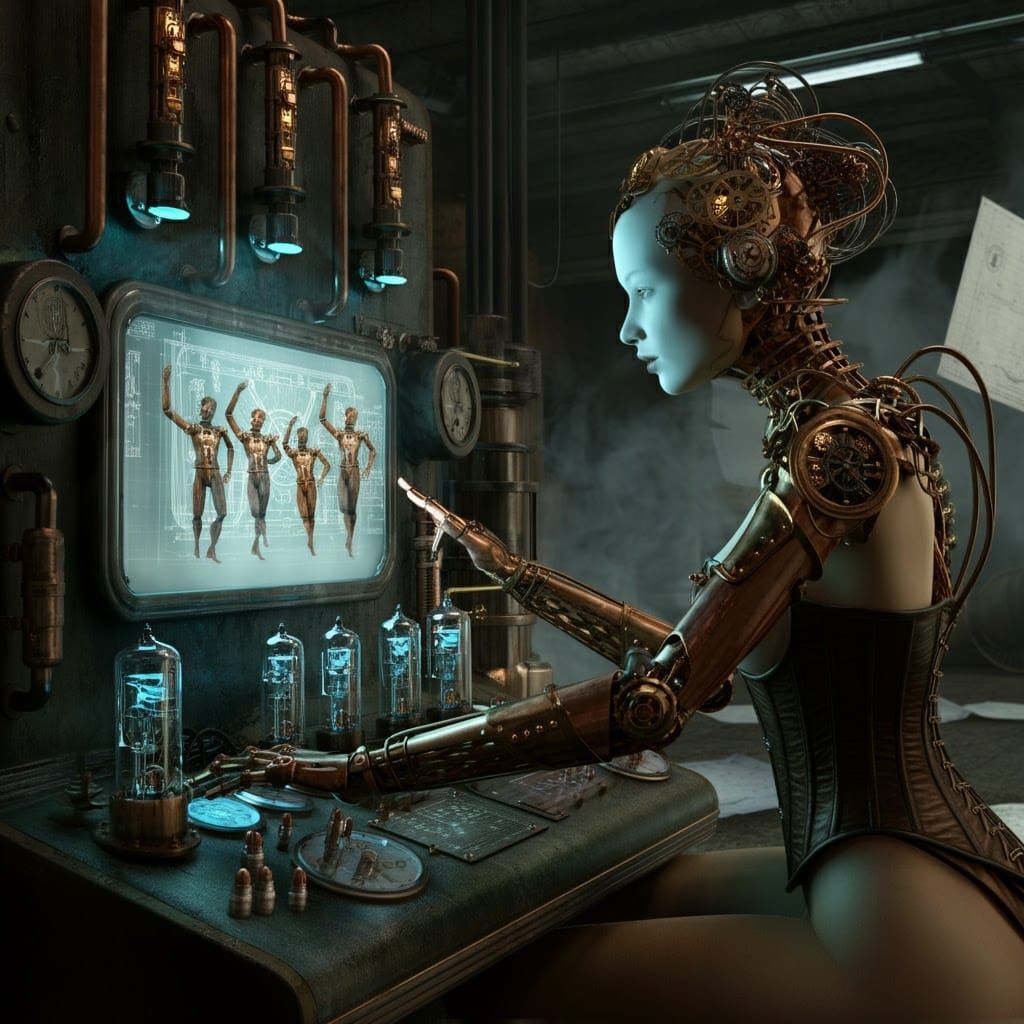 Cyborg Goddess Observes Clockwork Robots in a Smoky, Industr...