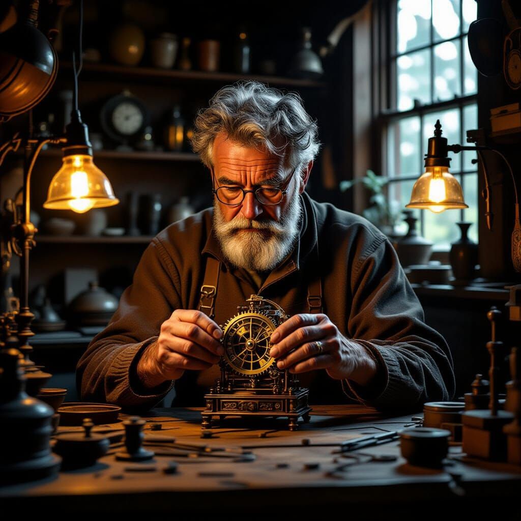 Elderly Craftsman Assembling Clockwork Automaton in Lamp Lit...