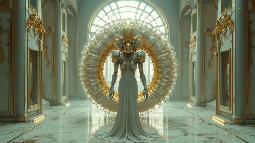 Dreadful Golden Alien Automaton in Elegant Hall