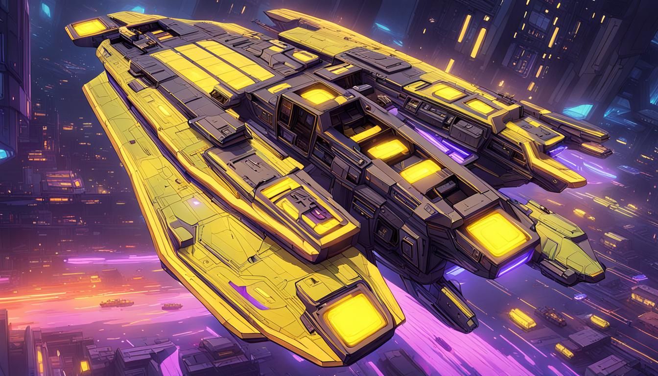 Cyberpunk Light Freighter Soaring Through Neon Galaxy