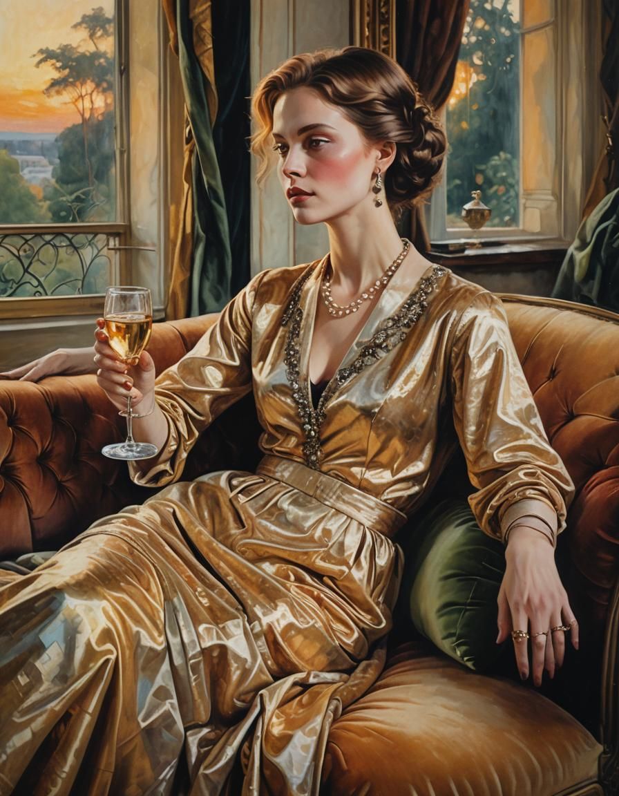 Opulent Woman on Velvet Couch, Oil Painting Style