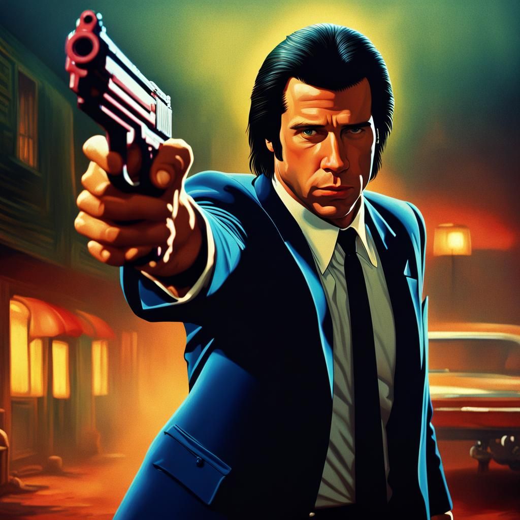 Young Travolta with Toy Gun in Pulp Fiction Style