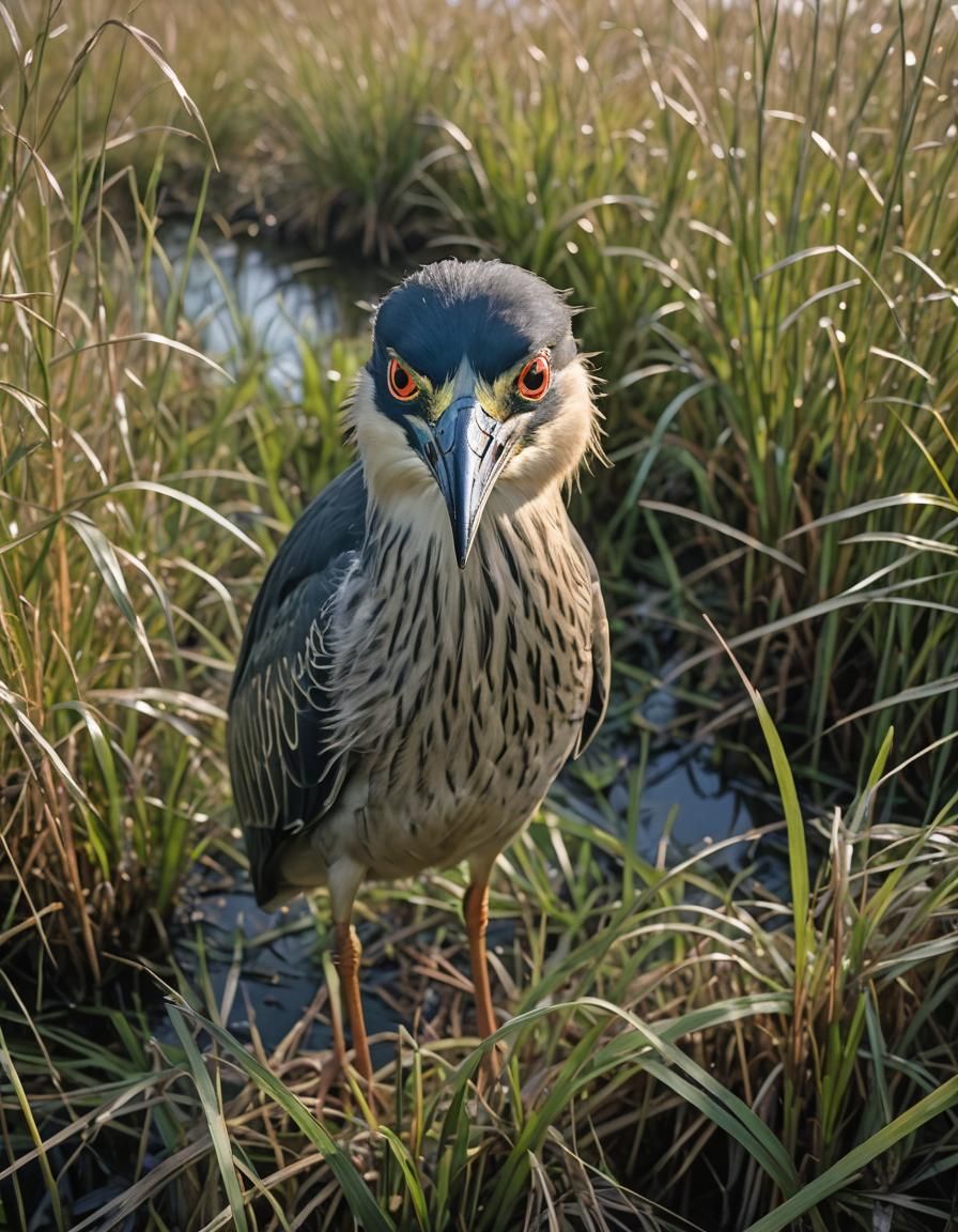 Night Heron Close-up in Saltmarsh Grass