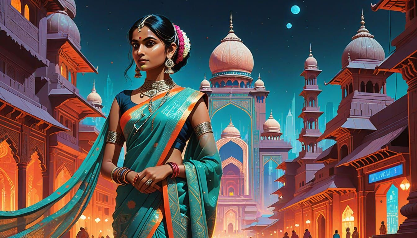 Surreal Indian Futurist Goddess Embracing Modern India