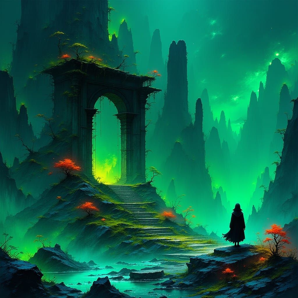 Ancient Ruin in Bioluminescent Swamp