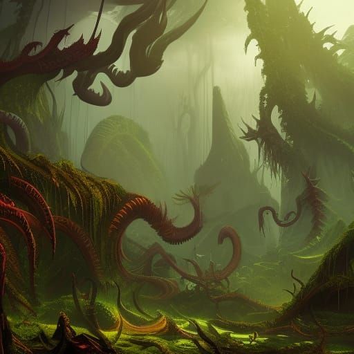 Demonic Eldritch Jungle: Detailed Matte Painting