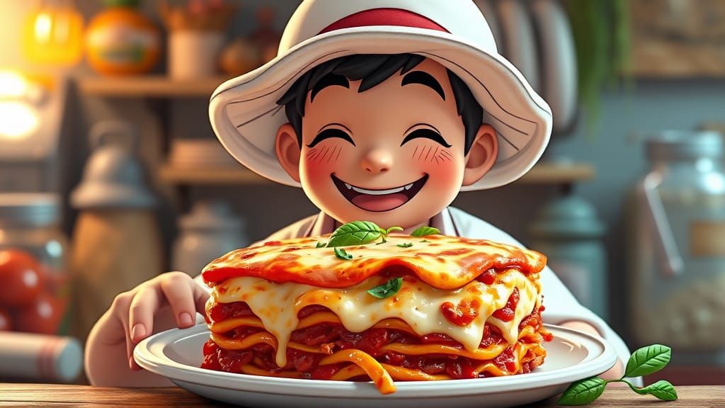 Smiling Farmer's Lasagna: 3D Anime Art