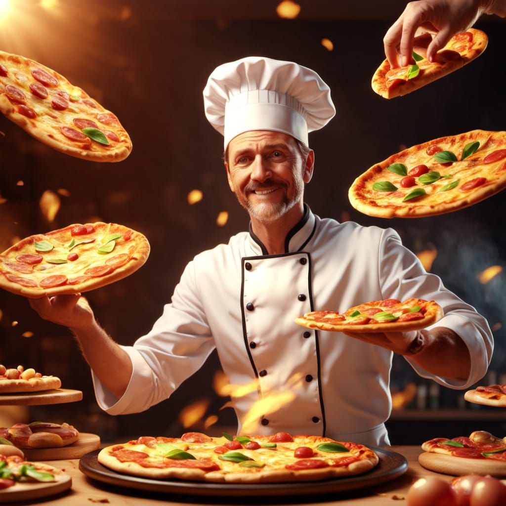 Happy Chef Juggling Pizzas in Digital Painting