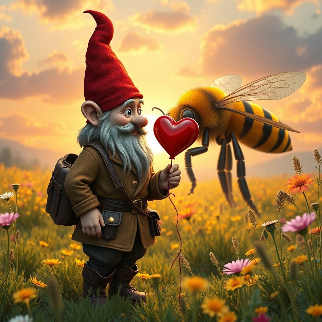 Fantasy Gnome Meets Bee Queen in Whimsical, 8k Matte Paintin...