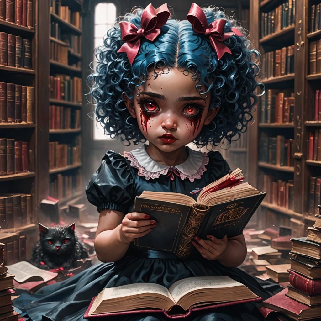 Dangerous Girl with Bleeding Book in Library