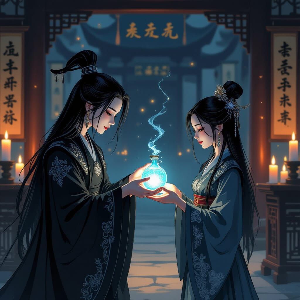 Gothic Witch Offers Glowing Potion in Ancient Temple