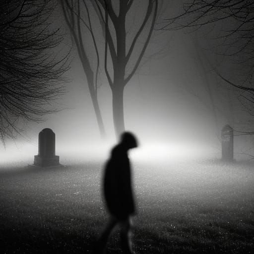 Ethereal Apparition in Foggy Graveyard: Black and White Phot...