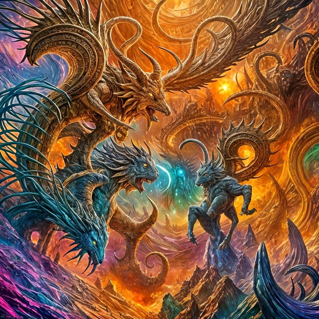 Vibrant Mythological Landscape in Painterly Style