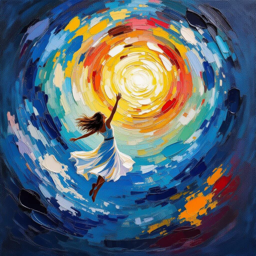 Woman Falling Through Celestial Sky in Epic Impressionist St...