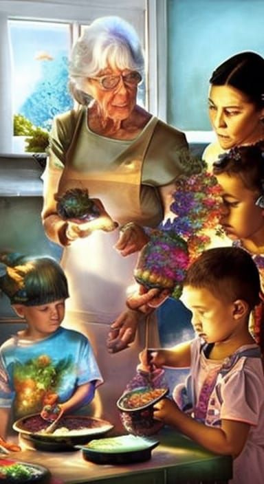 Grandmother Teaches Grandchildren Cooking: Photorealistic Im...