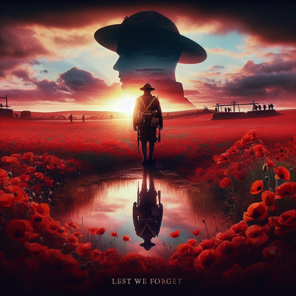 A silhouette of a soldier [wearing an aussie diggers hat] st...