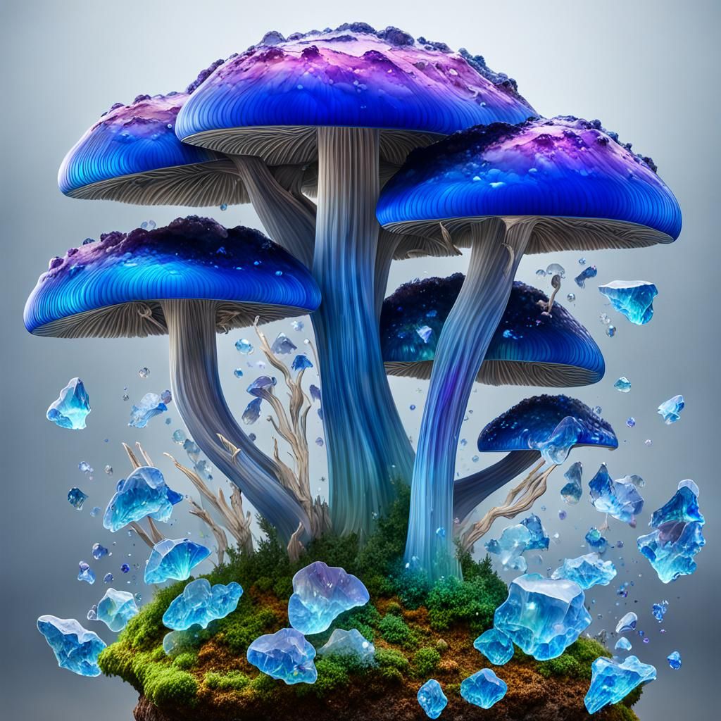 Winged Mushroom Sapphire Explosion in Hyperrealistic Style