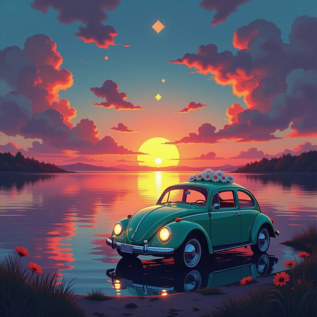 Psychedelic Sunset Reflection with VW Beetle