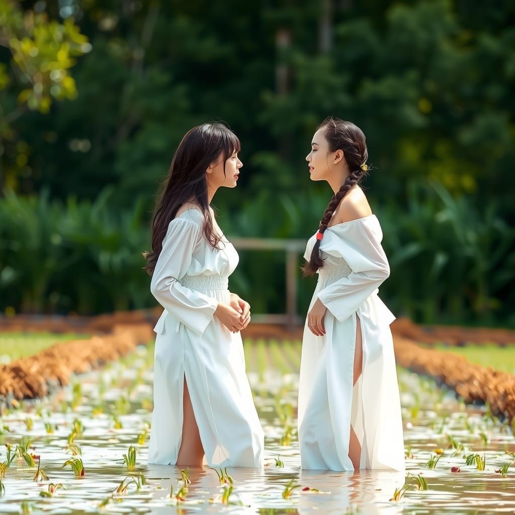 Korean Rice Paddy Kiss: Two Women in Traditional Dress