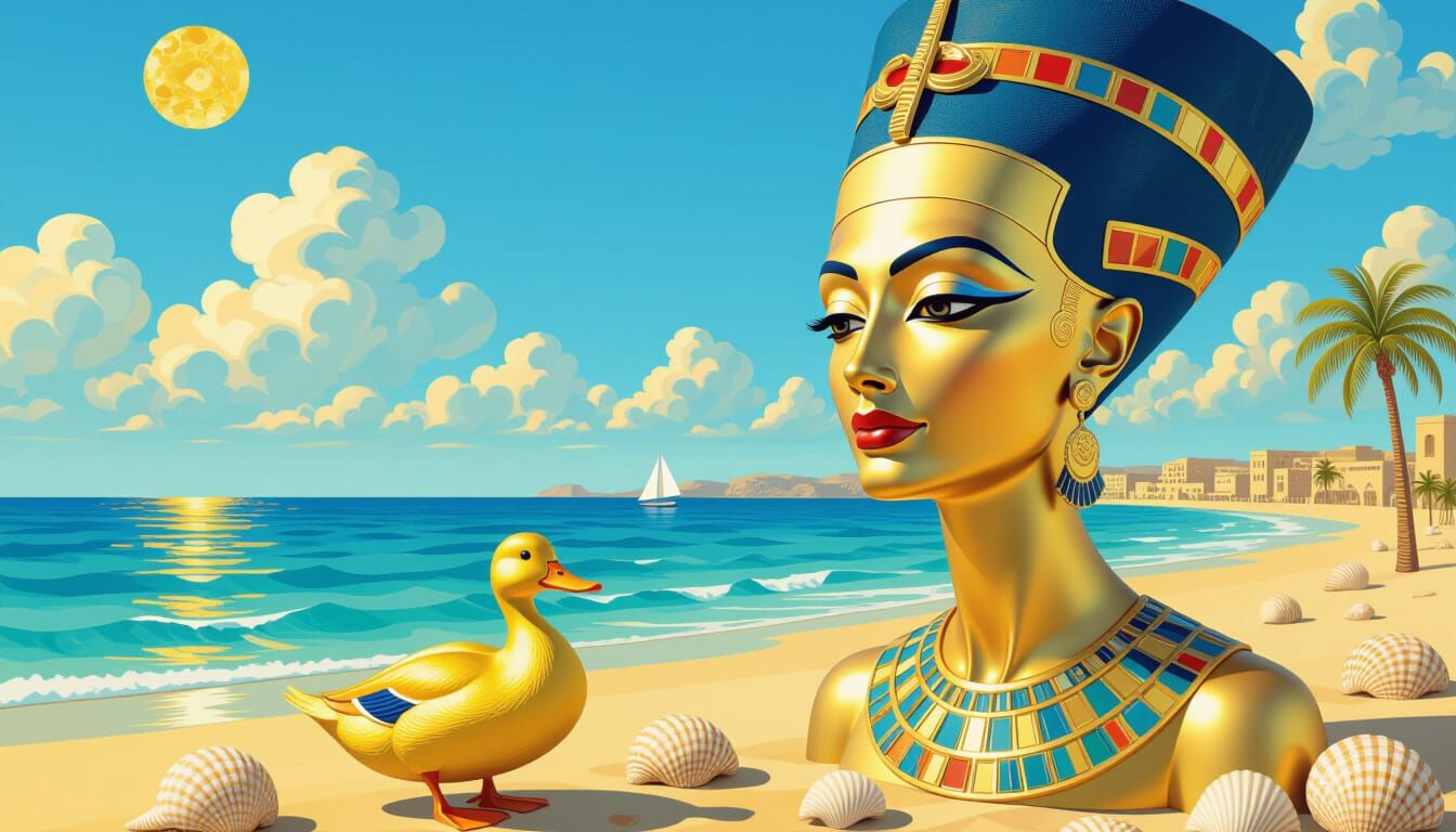 Nefertiti's Beach Holiday: Klimt-Inspired 3D Art Nouveau