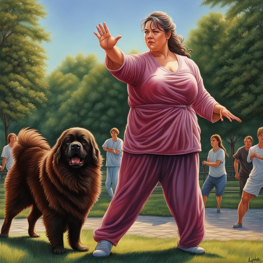 beautiful woman training Tai chi in a park , a newfoundland standing next to her.