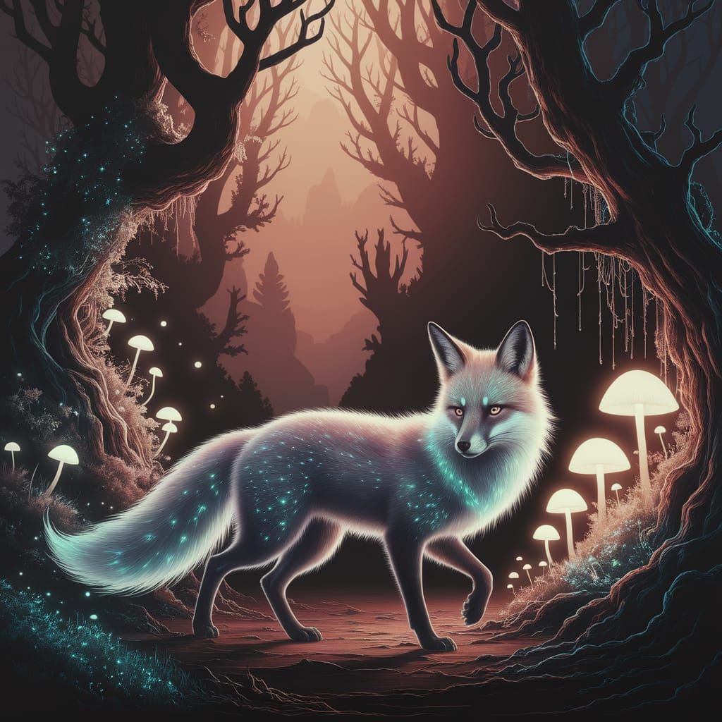 Ethereal Spirit Fox in Bioluminescent Forest