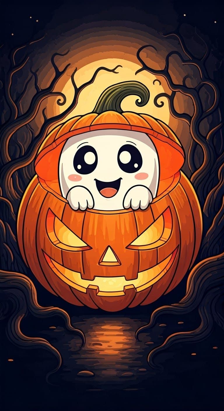 Chibi Ghost Emerges from Jack-o'-Lantern