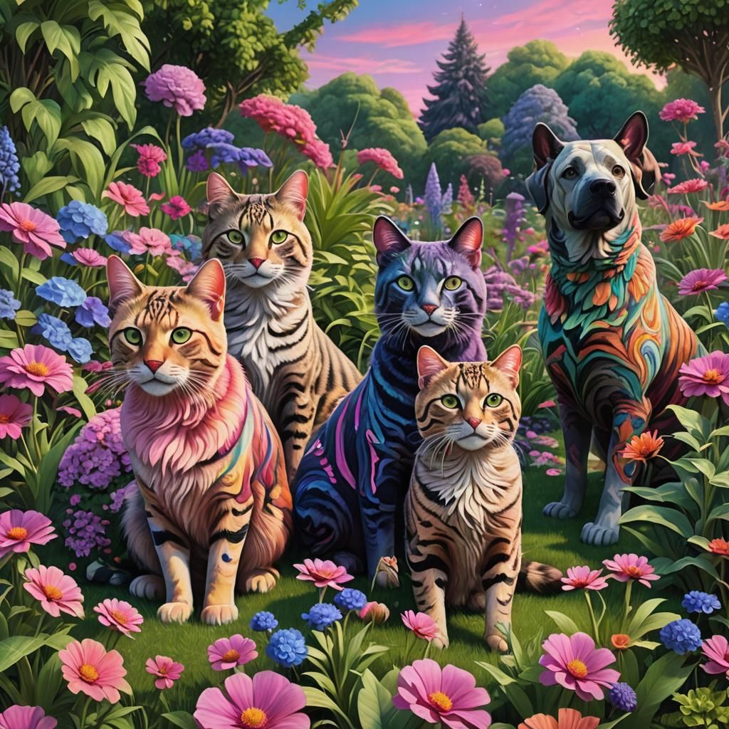 Patterned Animals Play in Colorful Garden, 3D Render