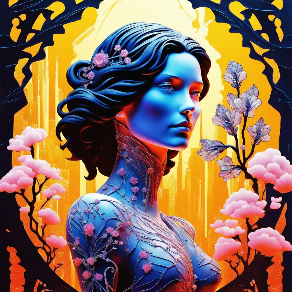 Cyberpunk Goth Porcelain Figure with Crystal Flowers