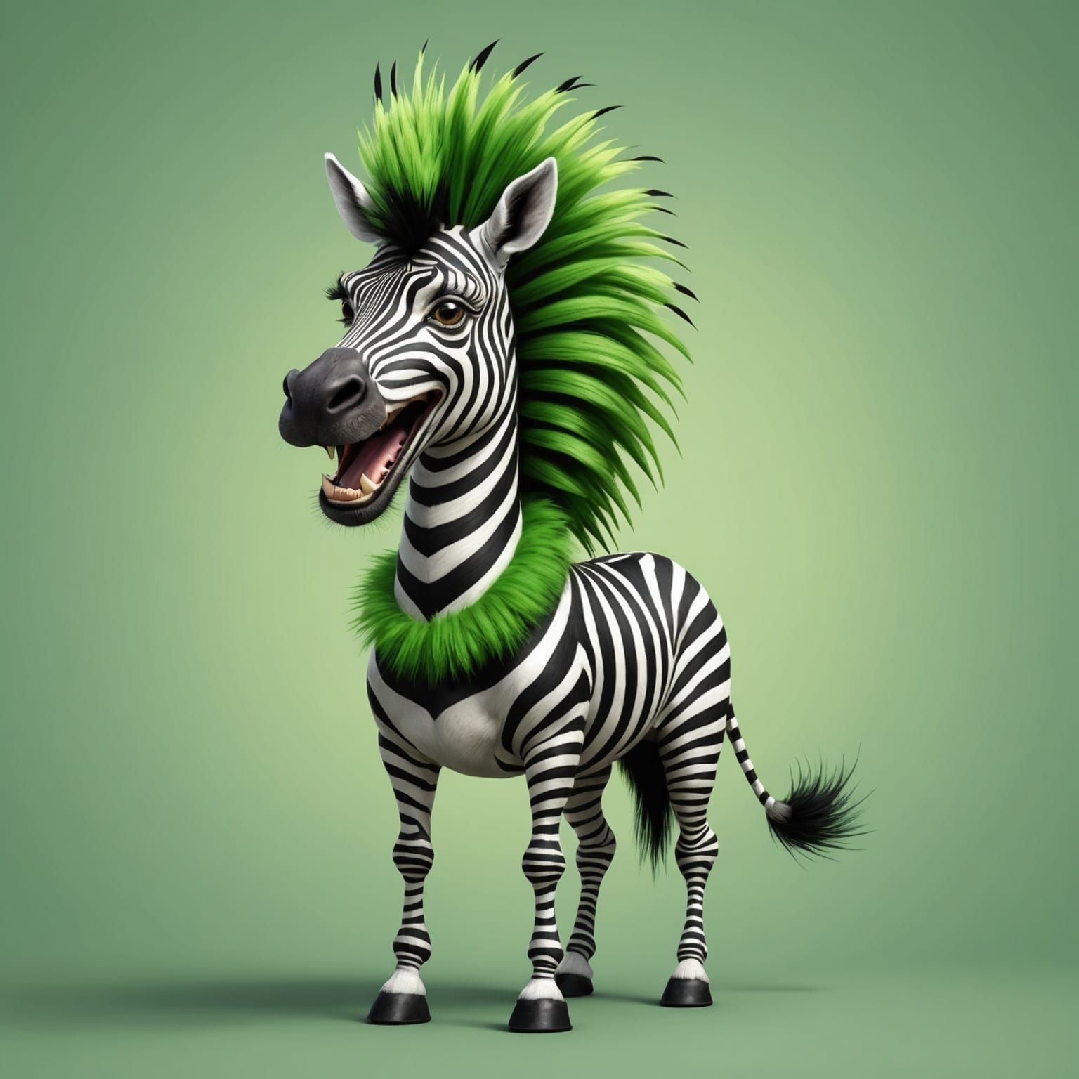 Whimsical Caricature of a Zebra with Green Mohawk