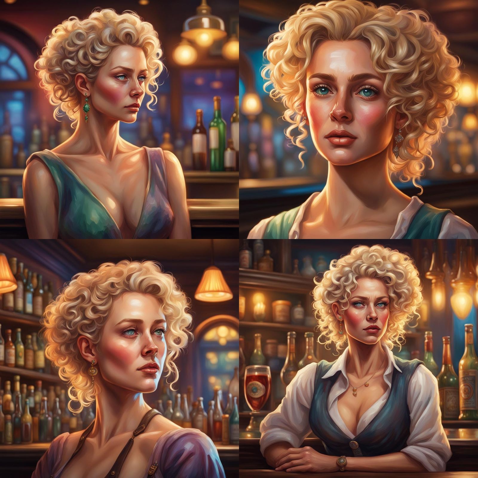 Fantasy, dnd, barmaid. Blonde curly hair in an updo, rounded face, pretty and fuller body, mature woman