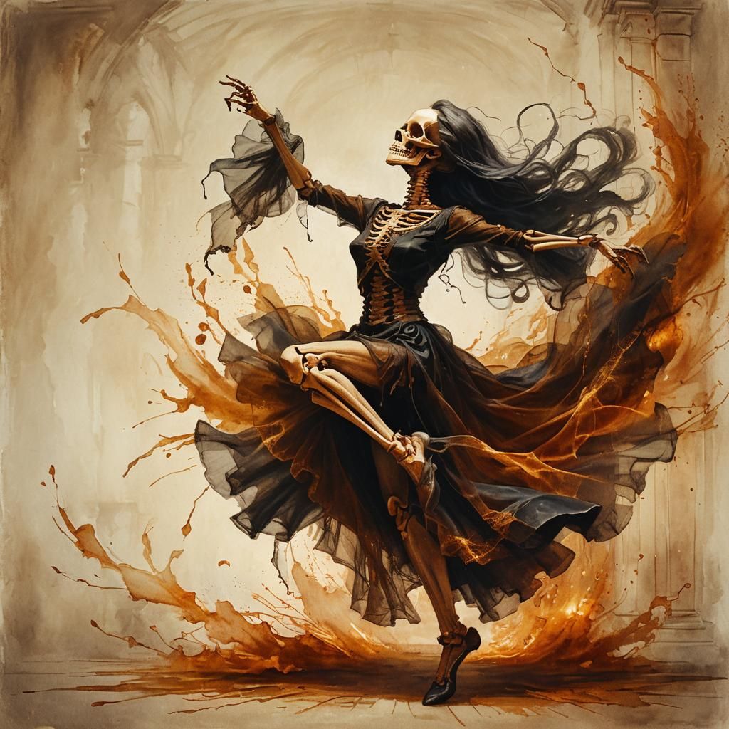 Dancing Skeleton in Old Library: Gothic Oil Painting