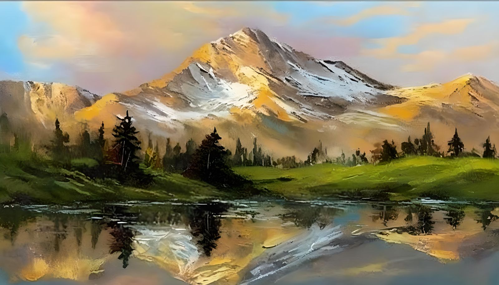 Snow-Capped Peaks Reflect in Serene Sunset Lake