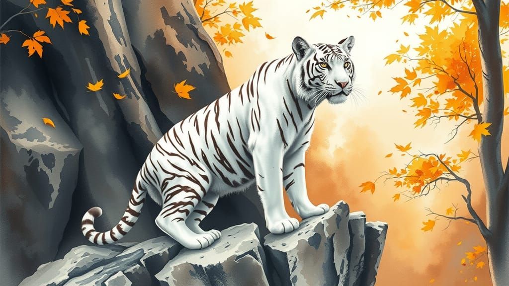 Surreal Autumn Landscape with a White Tiger as Watercolor Pa...