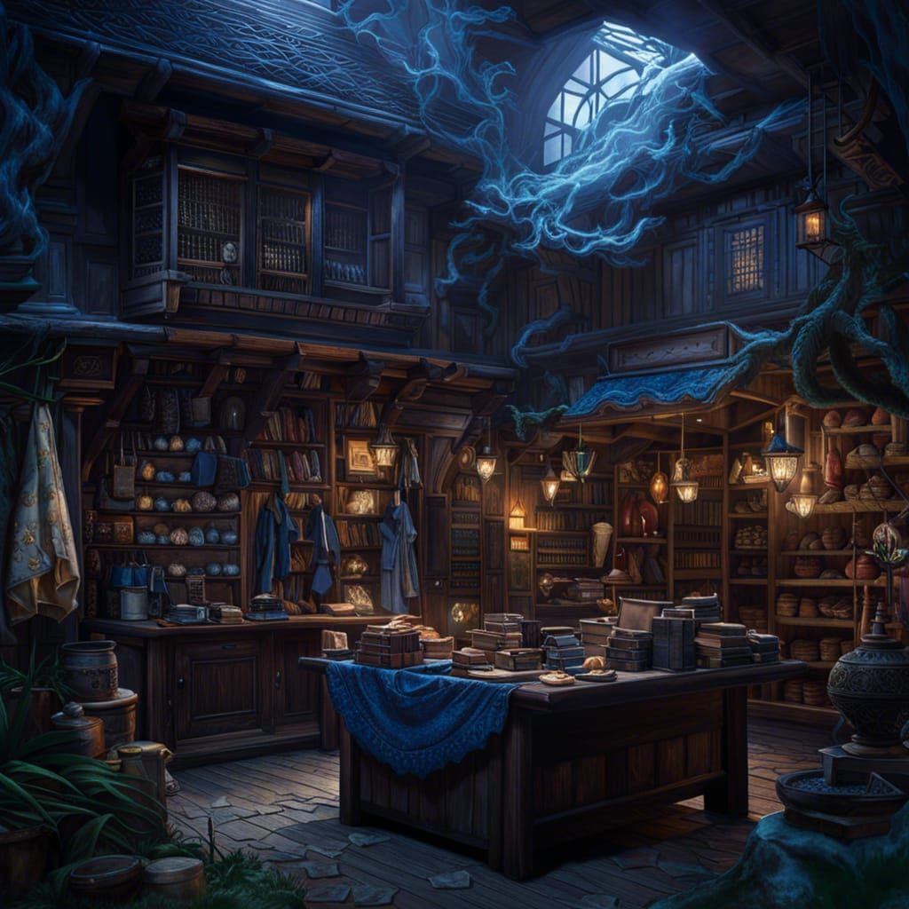 Enchanted Blue Textile Shop in Dark Fantasy Style